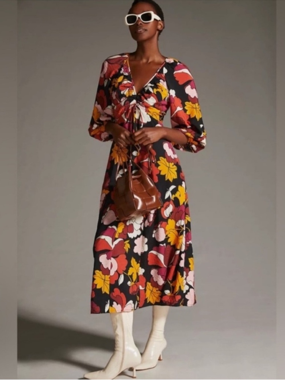 Anthropologie Maeve Deep-V Ruched Midi Dress